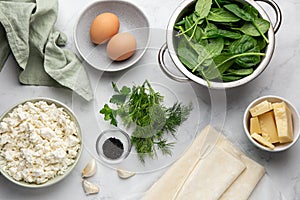 Ingredients for feta cheese and spinach filo pastry pie