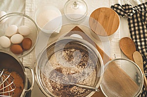 Ingredients for flour products or dessert. Cooking Cupcakes. Rural or rustic style