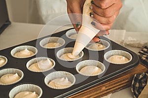 Ingredients for flour products or dessert. Cooking Cupcakes. Rural or rustic style