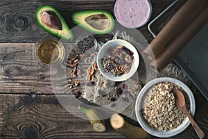 Ingredients for granola on the wooden table