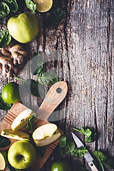 Ingredients for Green Smoothie with Spinach, Apple, Lime and Ginger. Healthy Drink