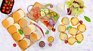 Ingredients for hamburgers with chicken burger, cheese and a vegetables