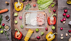 Ingredients for hamburgers, vegetables, corn, lettuce, peppers, raw ground beef, flour, onions wooden rustic background top vie