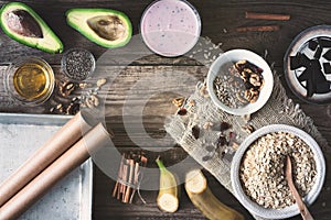 Ingredients for healthy breakfast on the wooden table