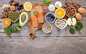 Ingredients for the healthy foods selection  .The concept of healthy food set up on wooden background copy space