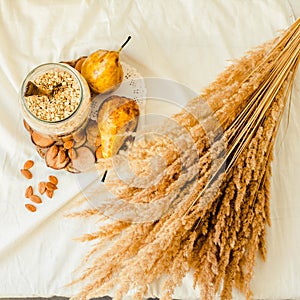 Ingredients for healthy vegetarian crumble with apples and pear