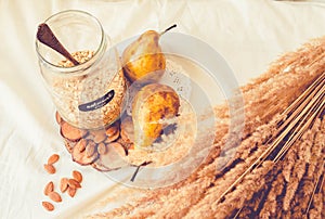 Ingredients for healthy vegetarian crumble with apples and pear