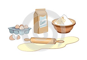 Ingredients for homemade bakery. Dough with rolling pin, eggs and flour.