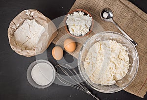 The ingredients for homemade cheesecake baking, top view