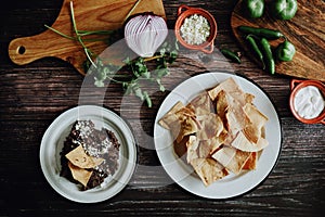 Ingredients for homemade mexican green chilaquiles, nachos tortilla corn for breakfast in Mexico