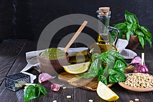 Ingredients for homemade pesto: basil, parmesan, pine nuts, garlic, olive oil