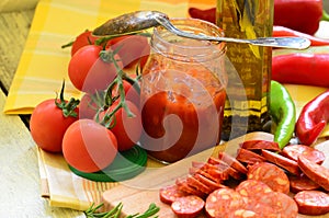 Ingredients for homemade pizza with fresh tomatoes, peppers, olives, mushroom and cheese