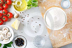 The ingredients for homemade pizza on wooden background