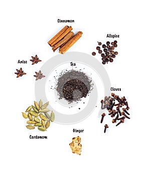 Ingredients for Indian masala tea on a white background. With inscriptions