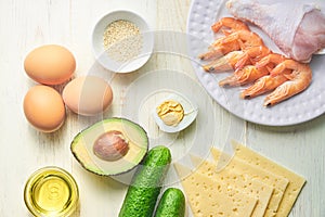 Ingredients for ketogenic diet on wooden background. The concept of healthy eating.   Top view