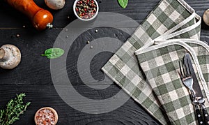 Ingredients kitchen background. Kitchen board, vegetables and spices on a dark wooden background. banner, menu recipe place for