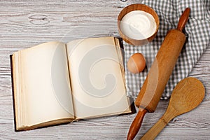 Ingredients and kitchen tools with the old blan photo