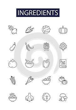 Ingredients line vector icons and signs. Commodities, Essentials, Raw materials, Elements, Constituents, Ingredients