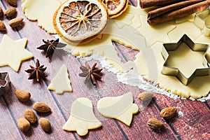 Ingredients for making Christmas cookies. Rolling pin cookie cutters cinnamon flour eggs butter dough on light background with