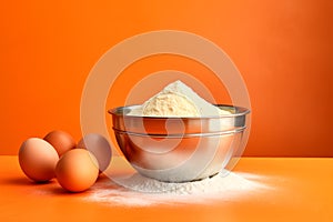 Ingredients for making dough or donuts like eggs, flour and metal bowl. Preparation for cooking bakery products