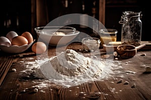 ingredients for making dough on a wooden table .eggs ,flour, salt, sugar