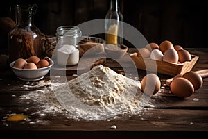 ingredients for making dough on a wooden table .eggs ,flour, salt, sugar