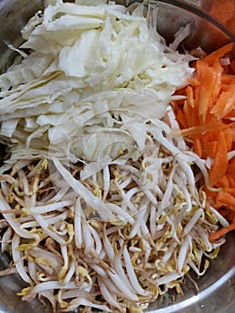 The ingredients for making fried Indonesian foods called Bala-bala consist of bean sprouts, cabbage, carrots, flour, eggs, spices