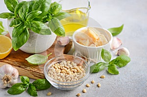 Ingredients for making green pesto sauce.