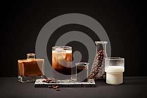 The ingredients for making milk coffee are displayed on a black background. Long-term drinking of caffeinated coffee has been