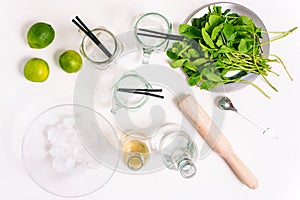 Ingredients for making mojito. Alcoholic refreshing summer drink. Mint, glass goblets, rum, syrup and lime on a white background
