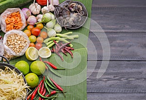 The ingredients for making papaya salad are street food a favorite of both Thais and foreigners with roasted beans lemon papaya