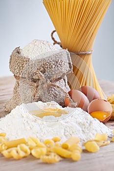 Ingredients for making pasta - flour and eggs