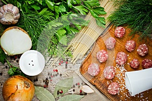 Ingredients for making pasta spaghetti with meatballs