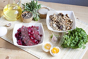 Ingredients for making salad with beets and walnut