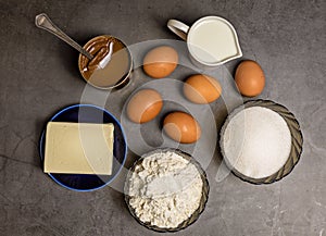 Ingredients for making waffles at home. Eggs, flour, milk, sugar, condensed milk. Step-by-step instructions. step 1