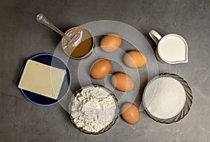 Ingredients for making waffles at home. Eggs, flour, milk, sugar, condensed milk. Step-by-step instructions. step 1