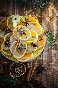 Ingredients medicinal tea Citrus spices Slices lemon orange ginger cloves cinnamon