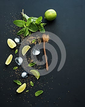 Ingredients for mojito. Fresh mint, limes, ice