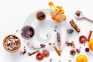 Ingredients mulled wine or grog with spices, citrus for winter evening. Christmas new year eve. White background top