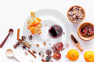 Ingredients mulled wine or grog with spices, citrus for winter evening. Christmas new year eve. White background top
