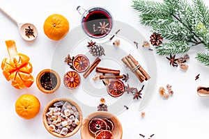 Ingredients mulled wine or grog with spices and citrus for winter evening. Christmas new year eve. White background top