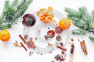 Ingredients mulled wine or grog with spices and citrus for winter evening. Christmas new year eve. White background top