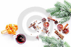 Ingredients mulled wine or grog with spices and citrus for winter evening. Christmas new year eve. White background top