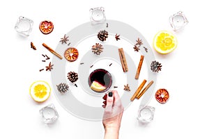 Ingredients for mulled wine. Spices cinnamon and badian, citrus fruits on white background top view