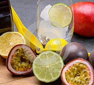 Ingredients for non-alchoholic exotic cocktail made from frech tropical fruits