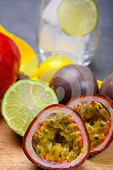 Ingredients for non-alchoholic exotic cocktail made from frech tropical fruits photo