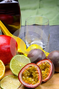 Ingredients for non-alchoholic exotic cocktail made from frech tropical fruits photo