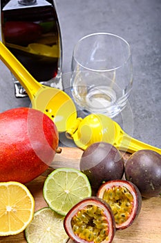 Ingredients for non-alchoholic exotic cocktail made from frech tropical fruits photo