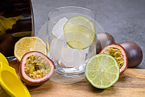 Ingredients for non-alchoholic exotic cocktail made from frech tropical fruits photo