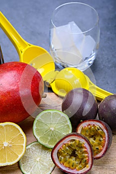 Ingredients for non-alchoholic exotic cocktail made from frech tropical fruits photo